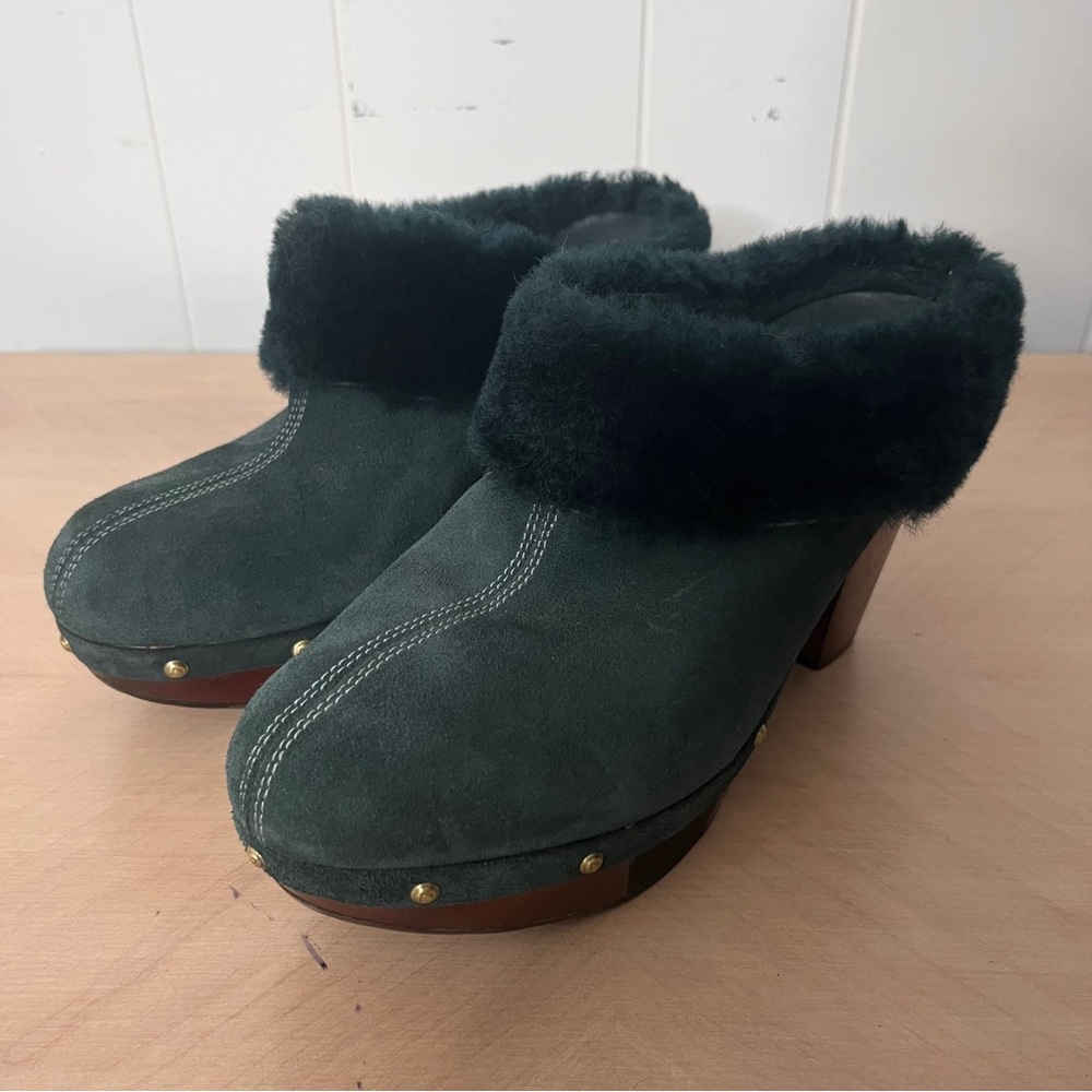 Rockport Forest Green Suede Wooden Clog with Faux Fur Trim Women's - Picture 2 of 11